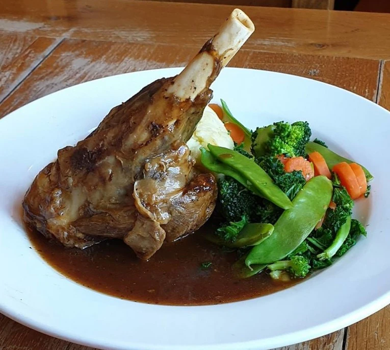 Lamb shank and vegetables at the Antelope Inn, Upavon